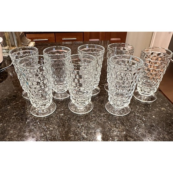 COPY - SET (8) Indiana Whitehall Colony Clear Footed 6” Glass Iced Tea Tumblers - Picture 1 of 3
